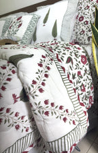 Green & Maroon Tree of Life Patterns Hand Block Quilt/ Razai