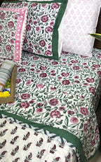 Maroon, Pink & Green Floral Patterns Bedsheet & Quilt/ Razai Set - Hand Block Printed