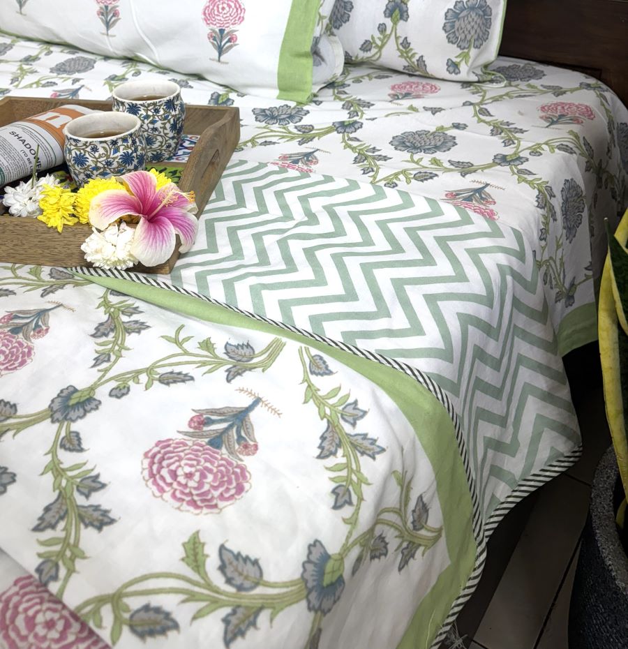 Jacobean floral Pink & Grey Hand Block Muslin Dohar