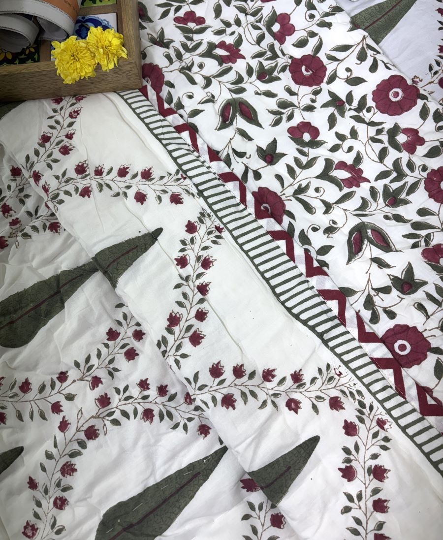 Green & Maroon Tree of Life Patterns Hand Block Bedsheet & Quilt/ Razai Set - Hand Block Printed