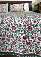 Maroon, Pink & Green Floral Patterns Bedsheet & Quilt/ Razai Set - Hand Block Printed