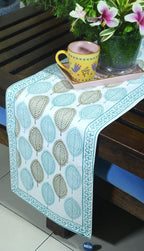 Mehndi Green & Blue Petal Hand Block Cotton Canvas Table Runner