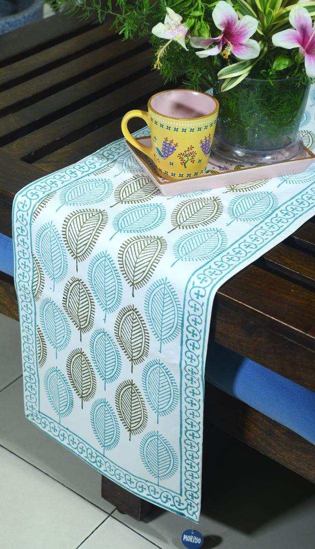 Mehndi Green & Blue Petal Hand Block Cotton Canvas Table Runner