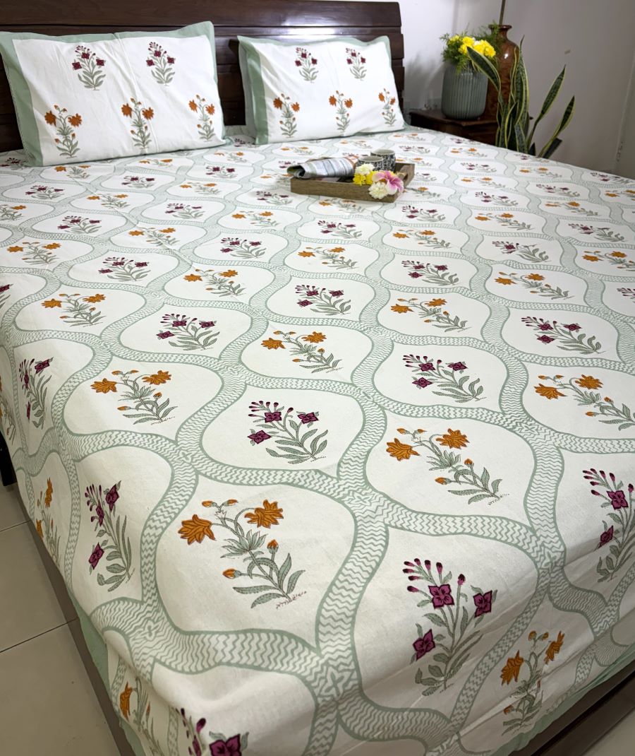 Floral Jaal Pink & Yellow Lilly Hand Block Bedsheet with 2 Pillow Cover Set - 220TC