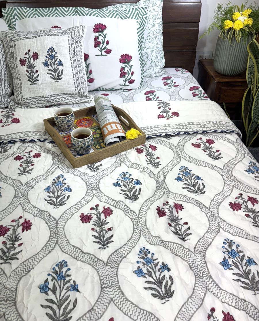 Pink & Blue Lilly Patterns Hand Block  & Quilt/ Razai