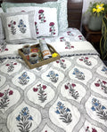 Pink & Blue Lilly Patterns Hand Block  & Quilt/ Razai