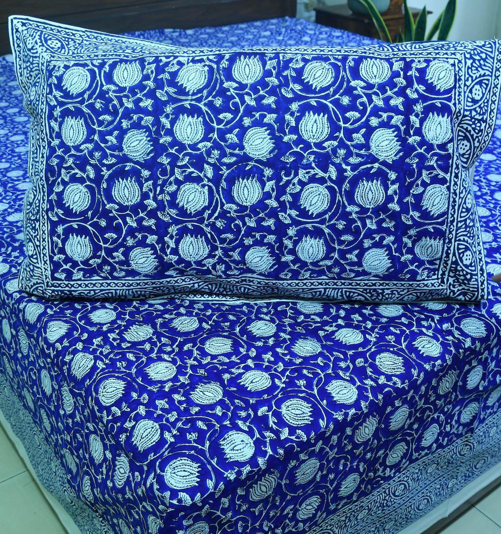 Blue Dark lotus Hand Block Bedsheet with 2 Pillow Cover Set - 280TC