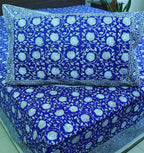 Blue Dark lotus Hand Block Bedsheet with 2 Pillow Cover Set - 280TC