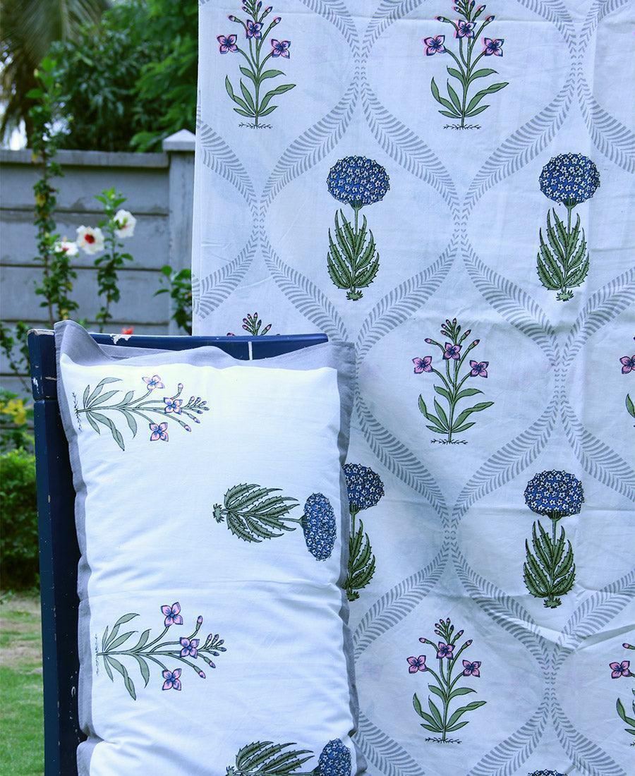 Blue Marigold with Pink Lily Bedsheet with 2 Pillow Cover Set - 220TC - Moriyo Decor