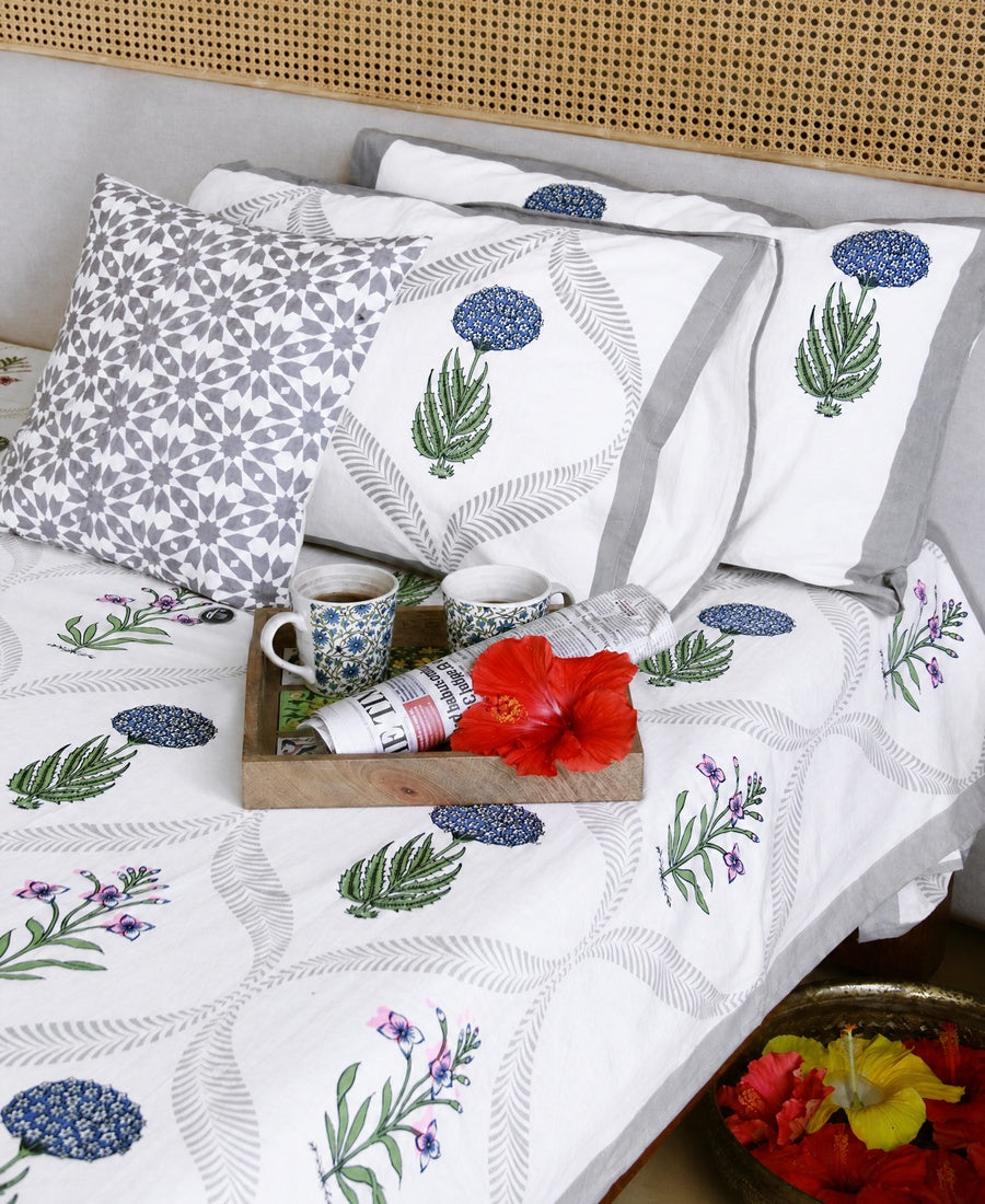 Blue Marigold with Pink Lily Hand Block Bedsheet with 2 Pillow Cover Set - 220TC