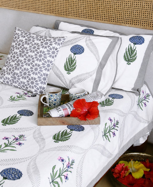 Blue Marigold with Pink Lily Hand Block Bedsheet with 2 Pillow Cover Set - 220TC