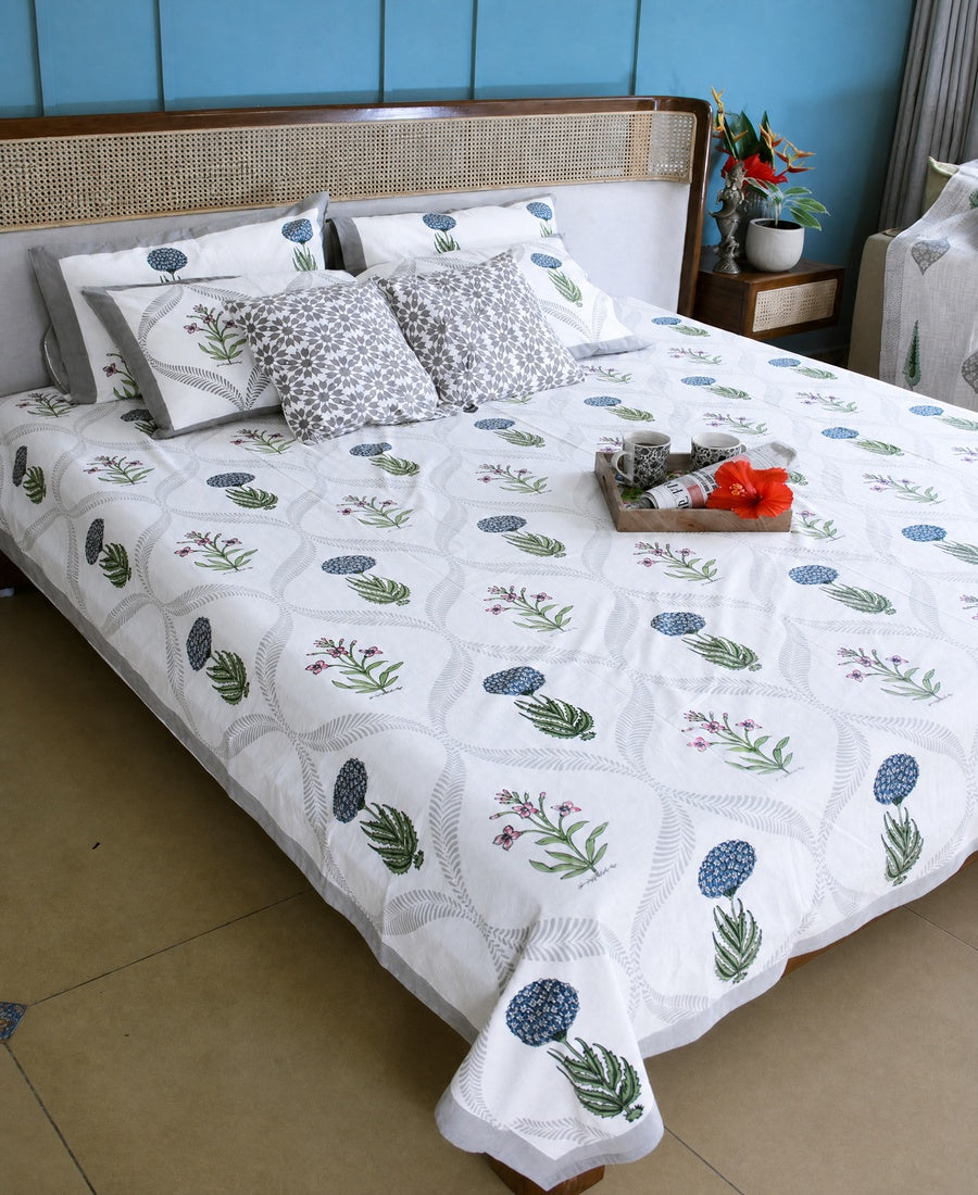 Blue Marigold with Pink Lily Hand Block Bedsheet with 2 Pillow Cover Set - 220TC