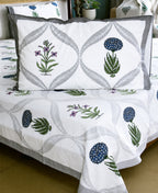 Blue Marigold with Pink Lily Hand Block Bedsheet with 2 Pillow Cover Set - 220TC