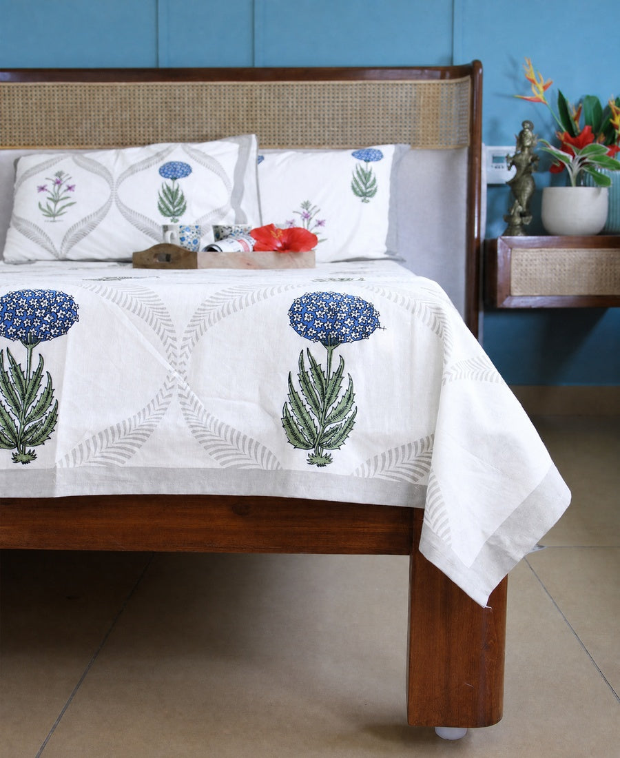 Blue Marigold with Pink Lily Hand Block Bedsheet with 2 Pillow Cover Set - 220TC