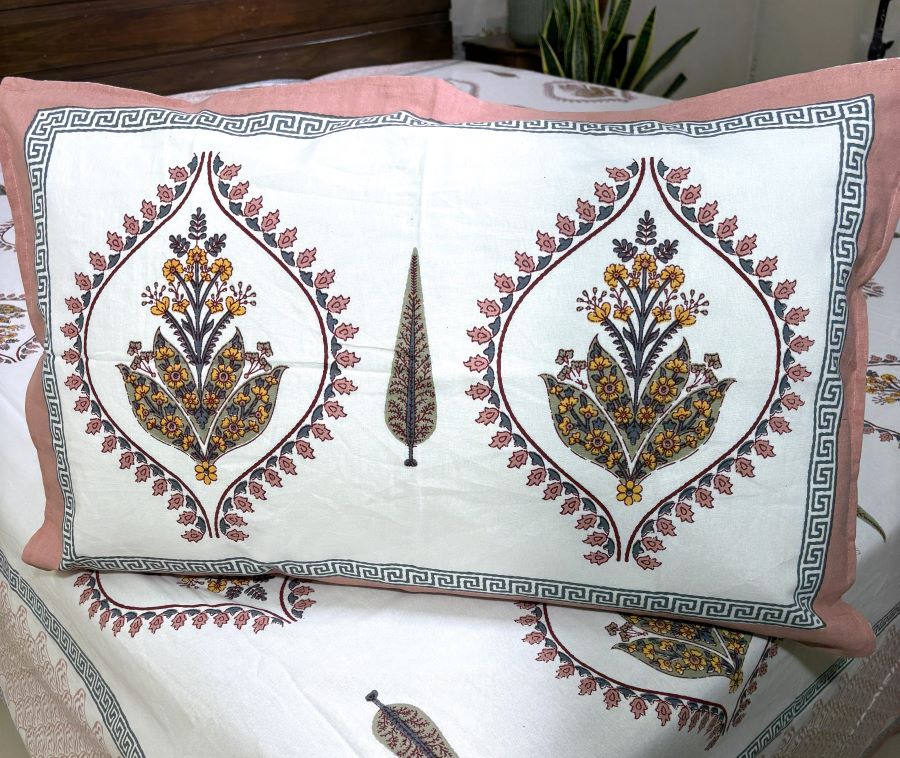 Mustard Lily of Valleys Hand Block Bedsheet with 2 Pillow Cover Set - 220TC