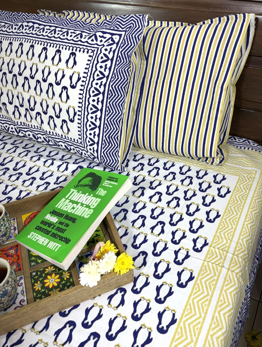 Blue Penguin Hand Block Bedsheet with 1 Pillow Cover- 220TC