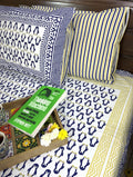 Blue Penguin Hand Block Bedsheet with 1 Pillow Cover- 220TC
