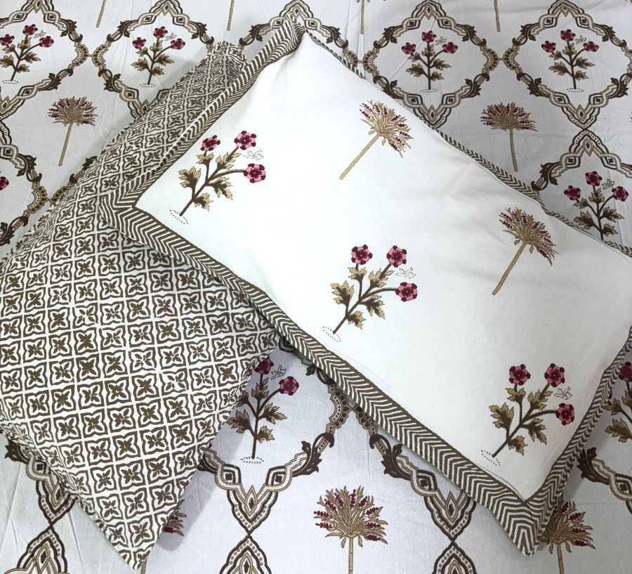 Brown Lilly Flower Jaal  Hand Block Bedsheet with 2 Pillow Cover Set - 220TC