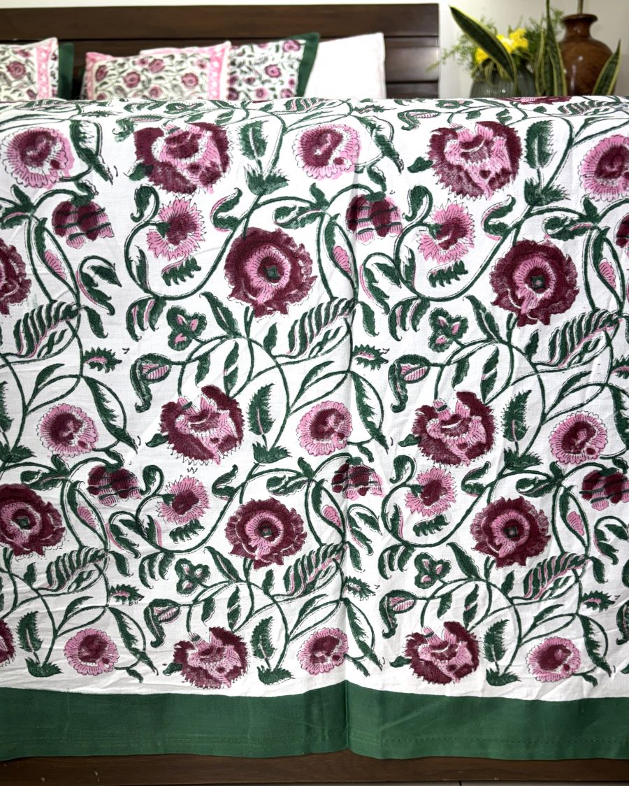 Maroon, Pink & Green Floral Patterns Hand Block Bedsheet with 2 Pillow Cover Set - 400TC