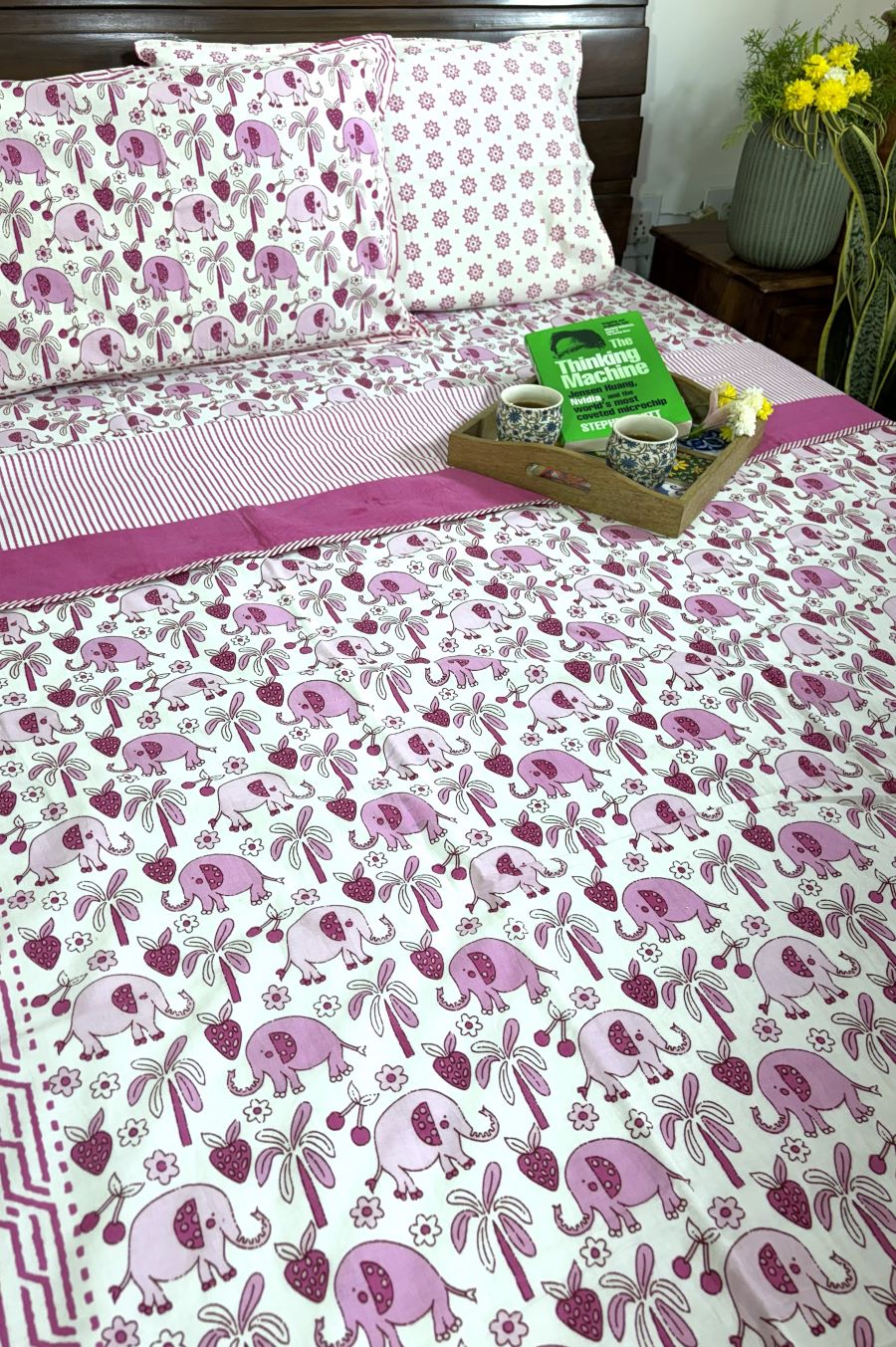 Pink Baby Elephant Design Hand Block Dohar