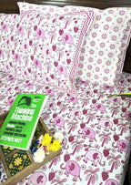 Pink Baby Elephant Hand Block Bedsheet with 1 Pillow Cover- 220TC