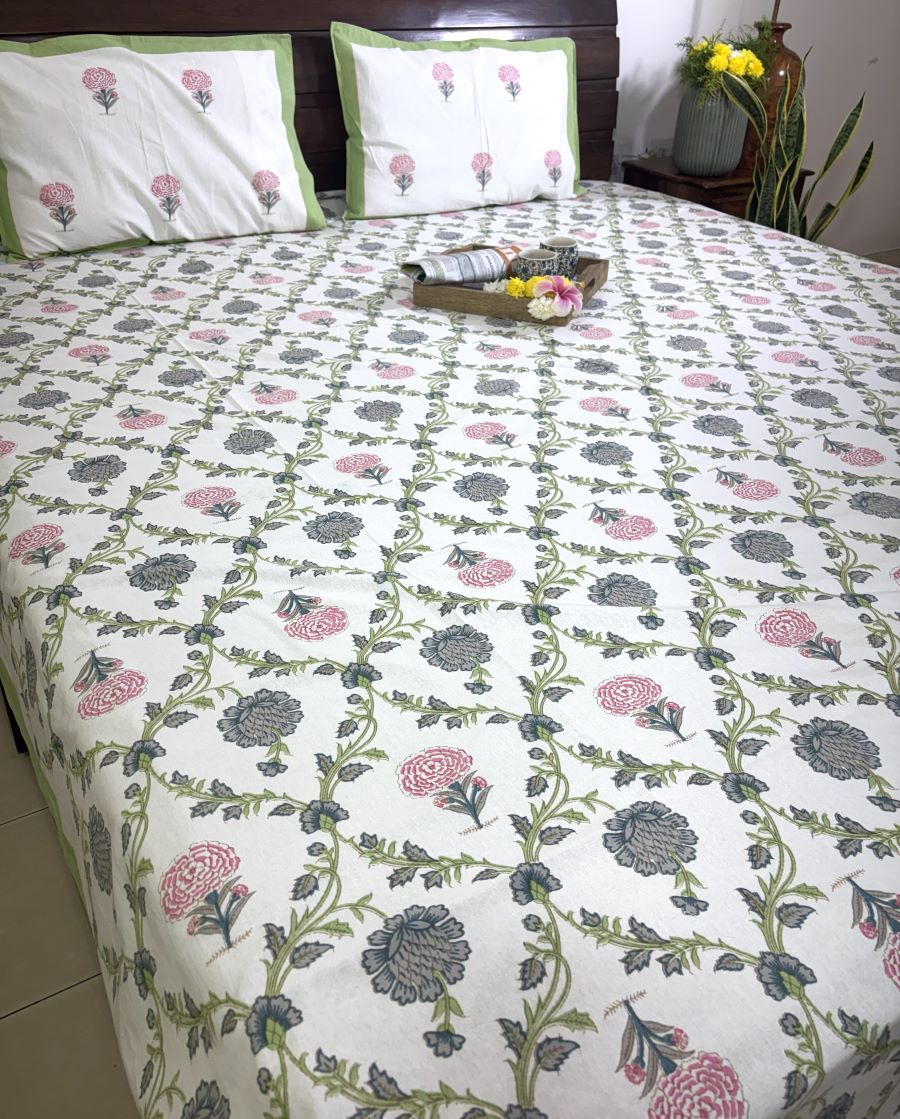 Jacobean floral Pink & Grey Hand Block Bedsheet with 2 Pillow Cover Set - 220TC