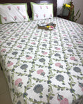 Jacobean floral Pink & Grey Hand Block Bedsheet with 2 Pillow Cover Set - 220TC