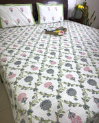 Jacobean floral Pink & Grey Hand Block Bedsheet with 2 Pillow Cover Set - 220TC