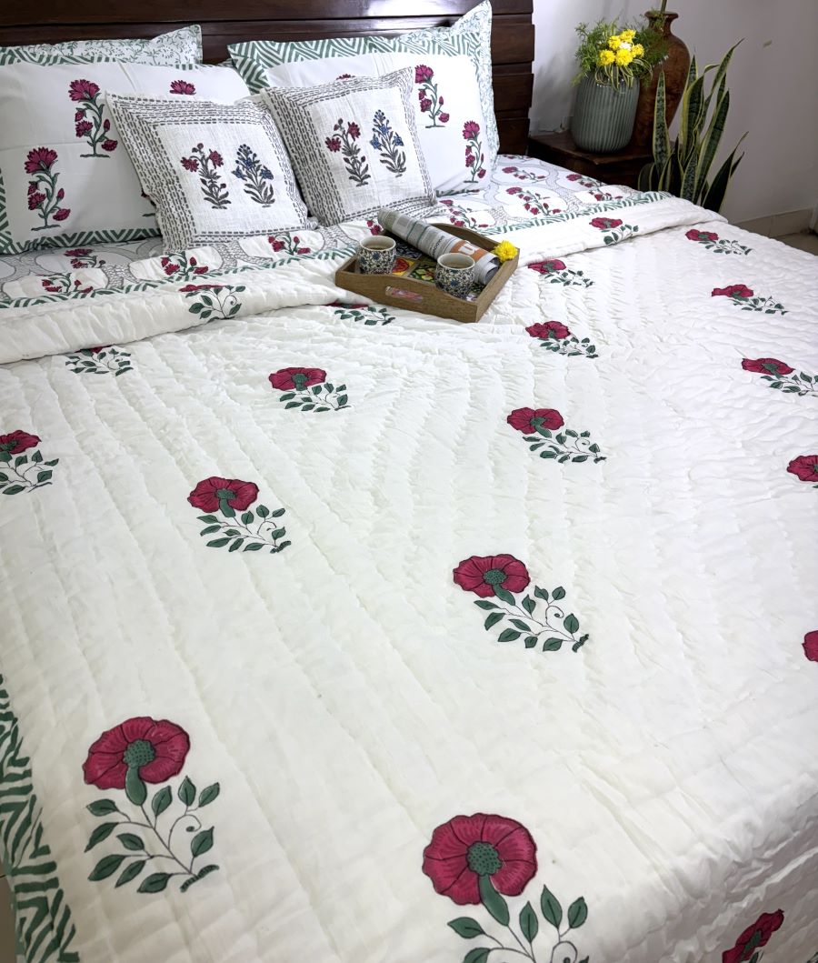 Deep Pink Carnation Flower Patterns Hand Block Quilt/ Razai