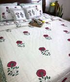 Deep Pink Carnation Flower Patterns Hand Block Quilt/ Razai