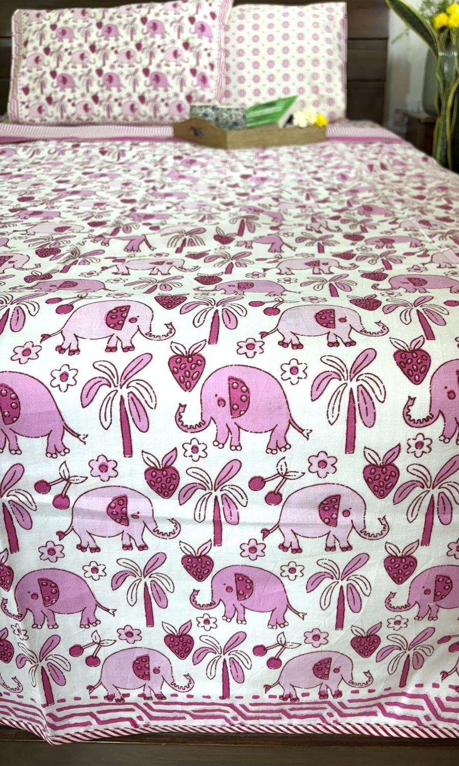 Pink Baby Elephant Design Hand Block Dohar
