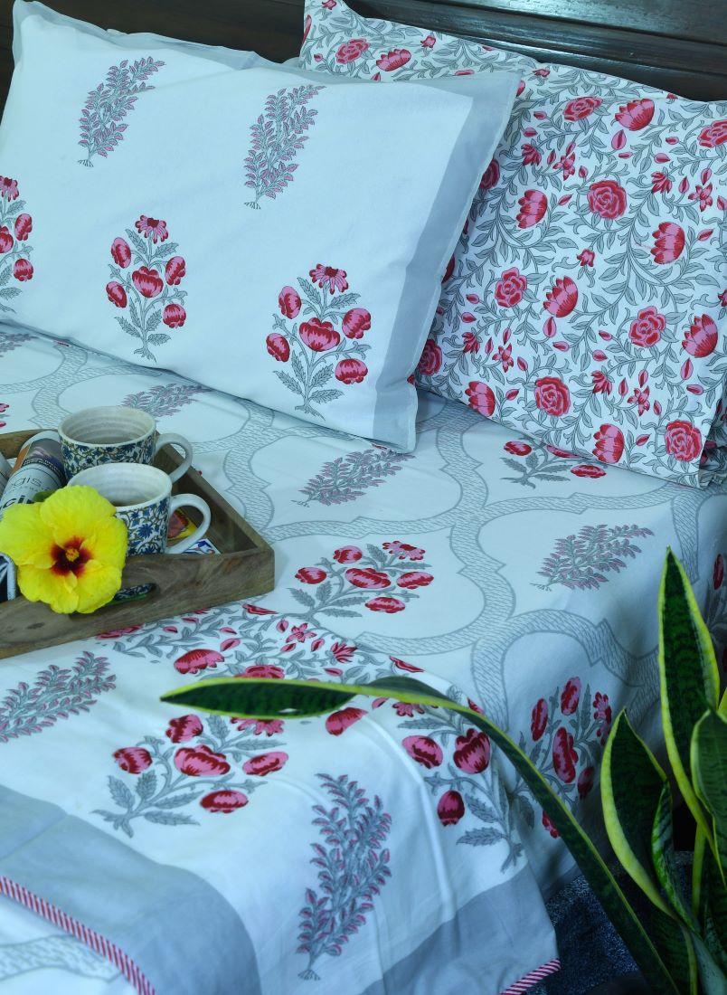 Pink Flower Bedsheet & Dohar Set – Hand Block Printed
