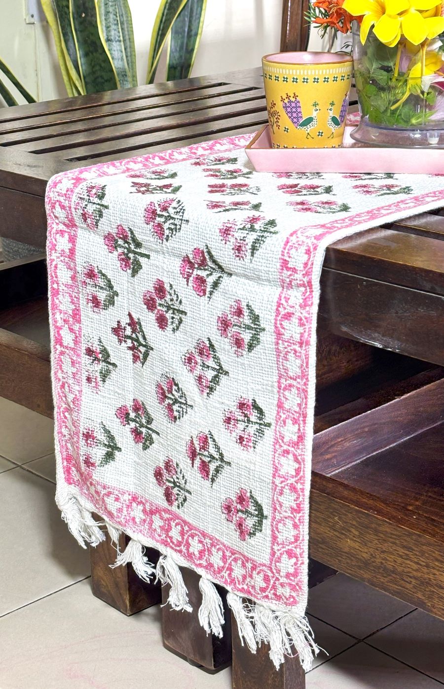 Pink Small Flower Hand Block Printed Jute Table Runner