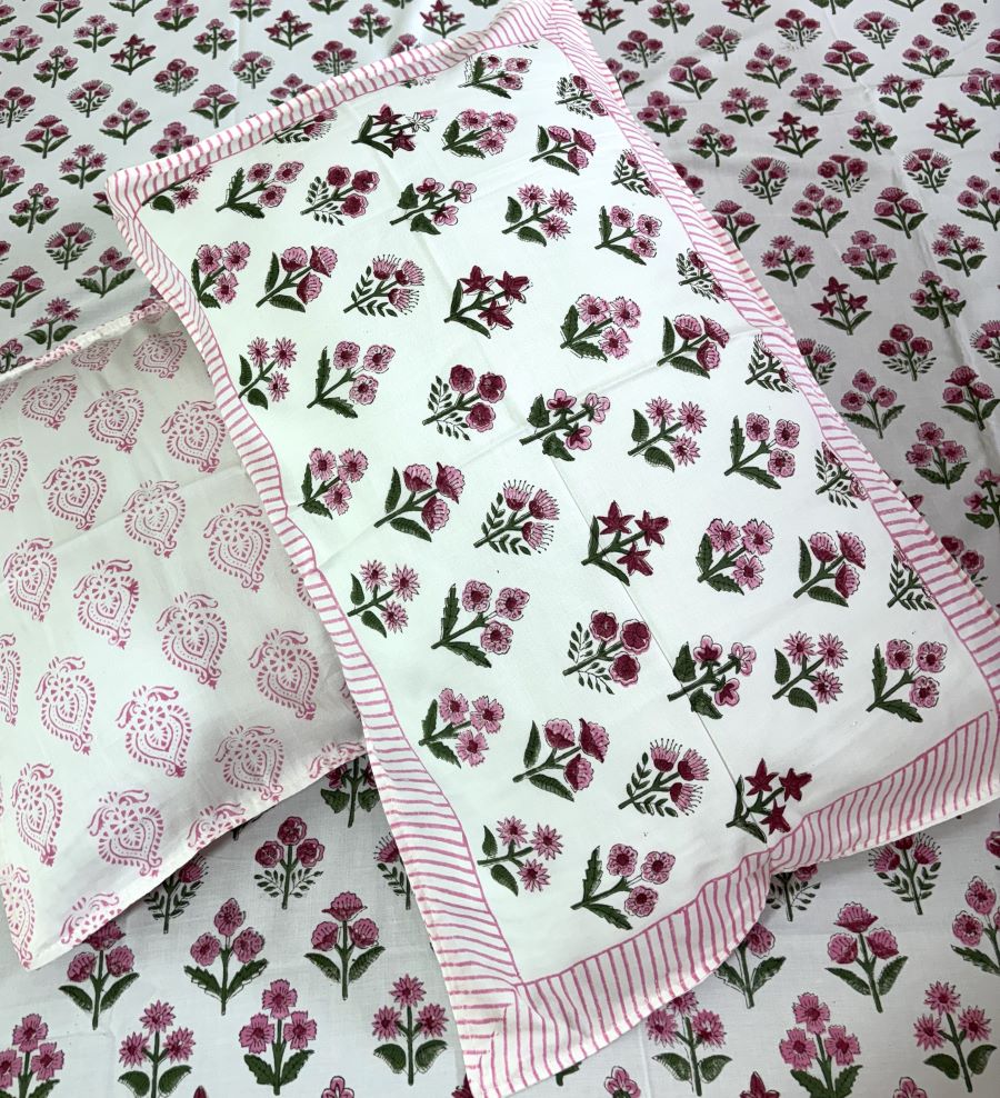 Pink Small Butta Patterns Hand Block Bedsheet with 2 Pillow Cover Set - 400TC