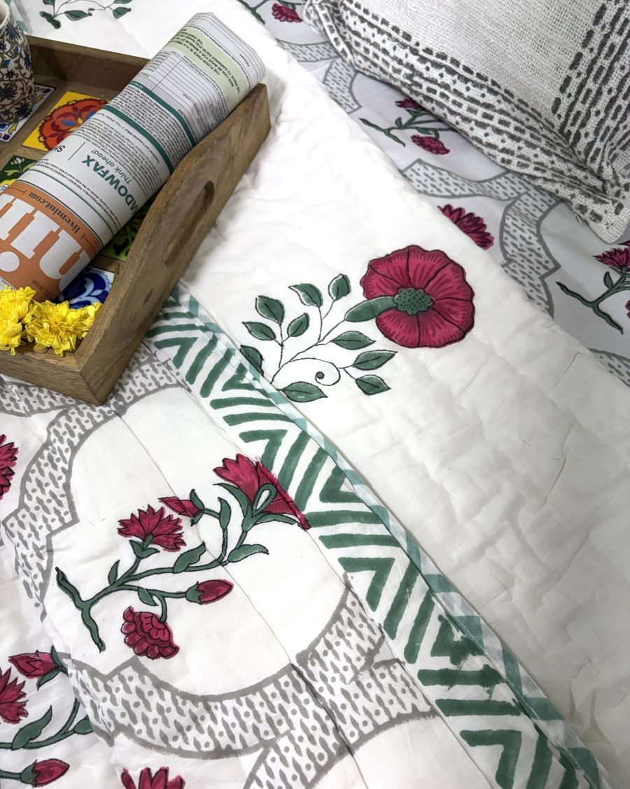 Deep Pink Carnation Flower Patterns Hand Block Quilt/ Razai