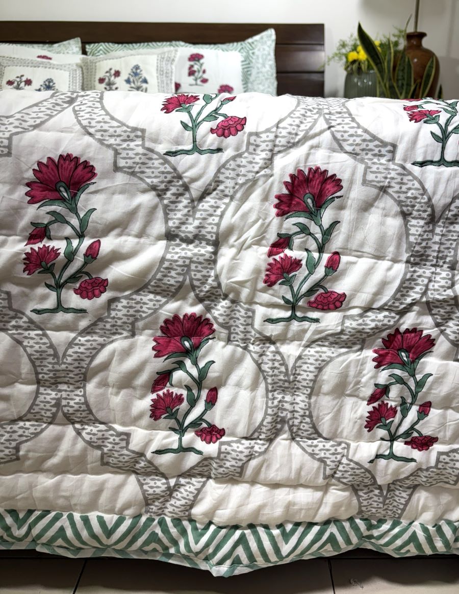 Deep Pink Carnation Flower Patterns Hand Block Quilt/ Razai