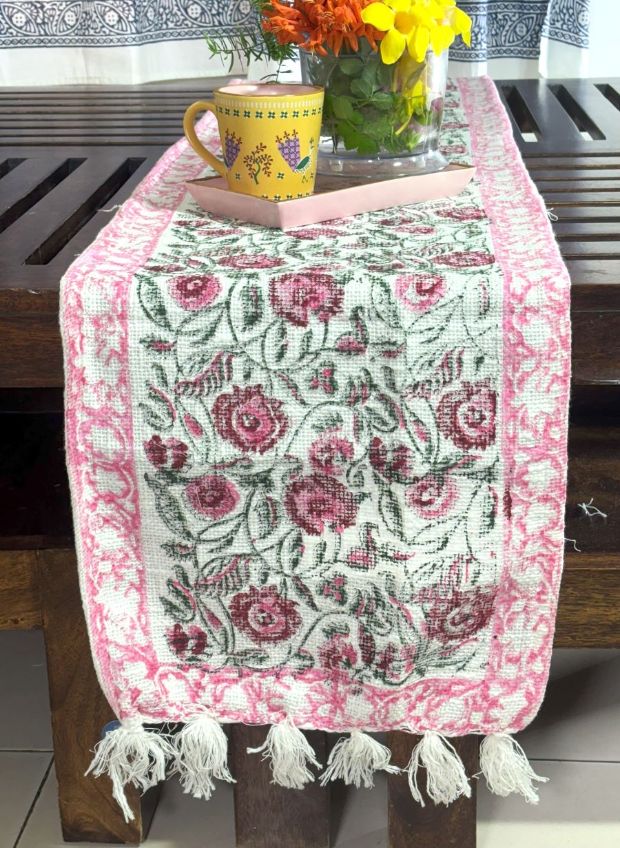 Pink Flower Jaal Hand Block Printed Jute Table Runner