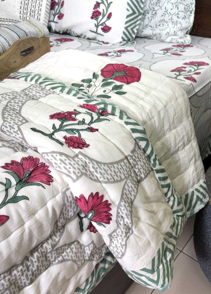 Deep Pink Carnation Flower Patterns Hand Block Quilt/ Razai