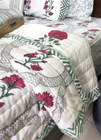 Deep Pink Carnation Flower Patterns Hand Block Quilt/ Razai