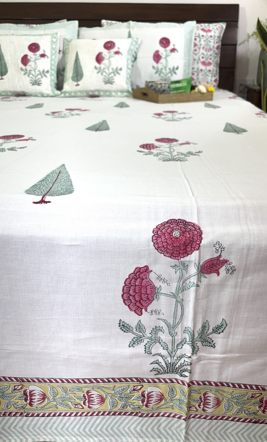 Green & Pink Botanical Floral Tree Patterns Hand Block Bedsheet with 2 Pillow Cover Set - 400TC