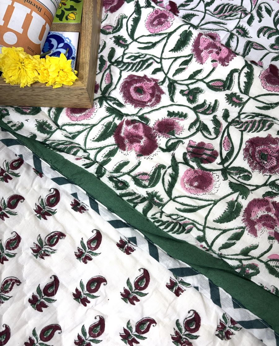 Maroon, Pink & Green Floral Patterns Hand Block Quilt/ Razai