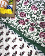 Maroon, Pink & Green Floral Patterns Hand Block Quilt/ Razai
