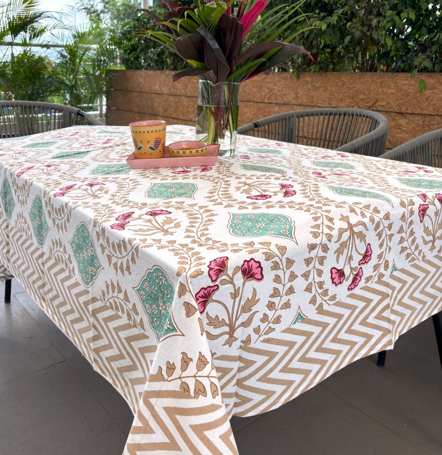 Pink Hibiscus on Gold Hand Block Rectangle  Table Cover / Cloth
