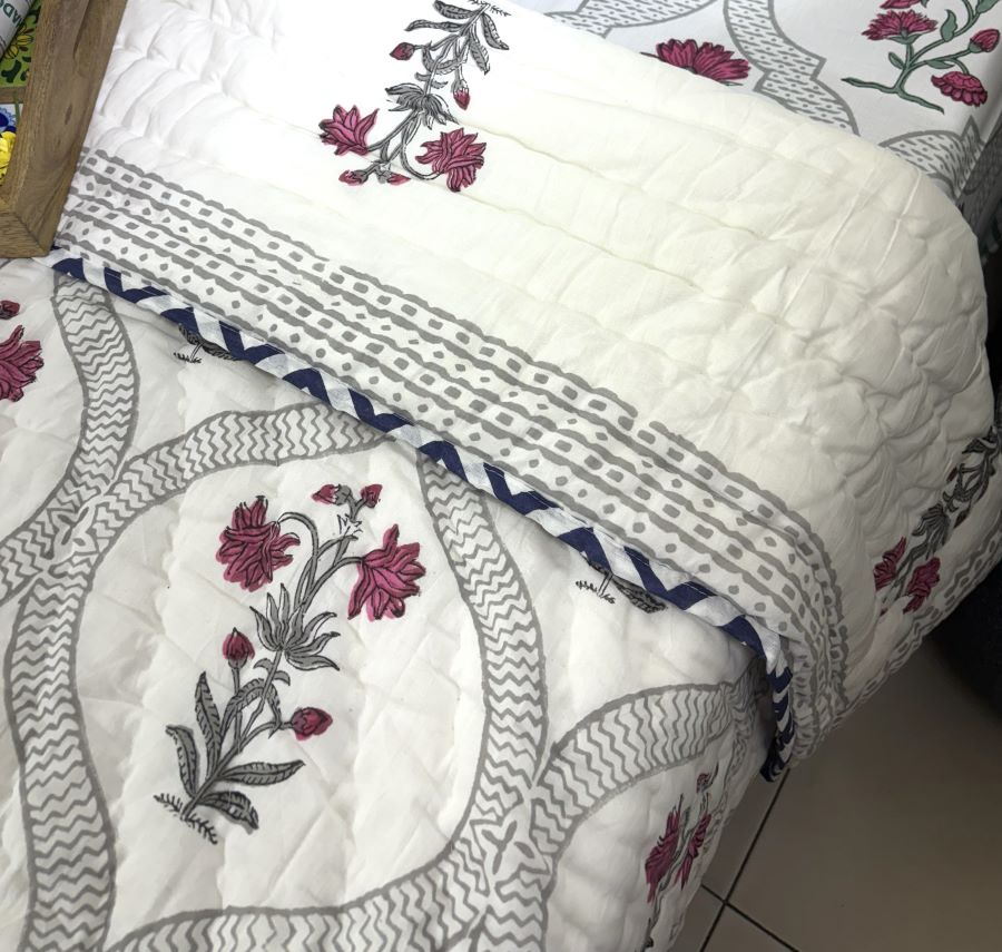 Pink & Blue Lilly Patterns Hand Block  & Quilt/ Razai