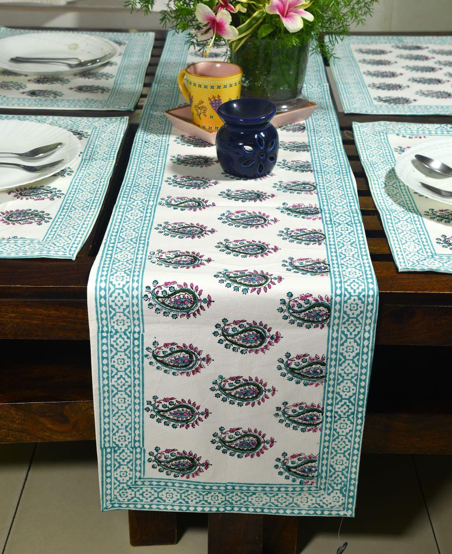 Rangeen Paisley Hand Block Cotton Canvas Table Runner & Mat Set