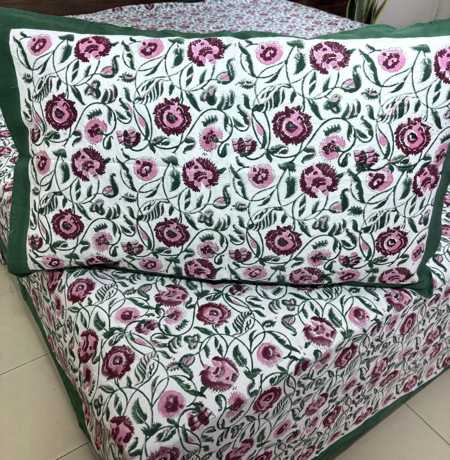 Maroon, Pink & Green Floral Patterns Hand Block Bedsheet with 2 Pillow Cover Set - 400TC