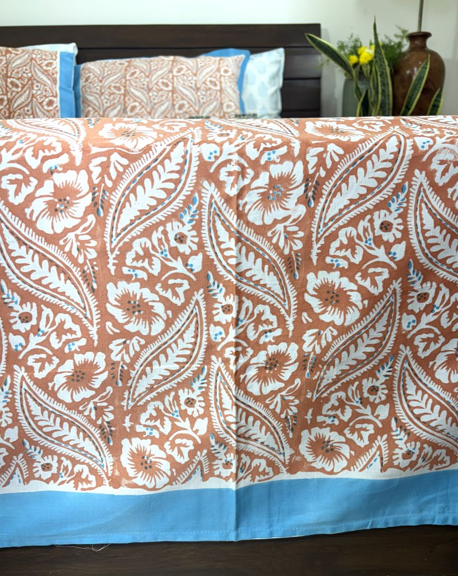 Orange Leaf Patterns  Hand Block Bedsheet with 2 Pillow Cover Set - 400TC
