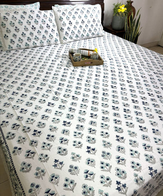 Blue & Grey Small Butta Patterns Hand Block Bedsheet with 2 Pillow Cover Set - 400TC