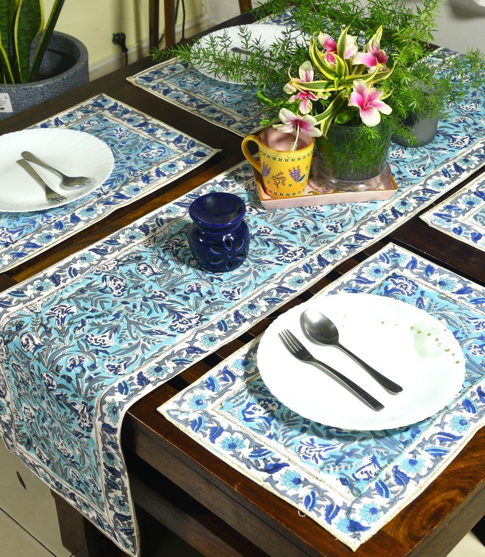 Mughal Mirage in Blues Hand Block Cotton Canvas Table Runner & Mat Set
