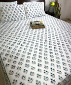 Blue & Grey Small Butta Patterns Bedsheet & Quilt/ Razai Set - Hand Block Printed